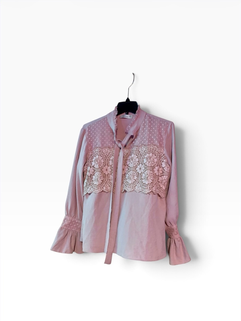 Feminine Tie-Neck Lace Panel Pink Blouse